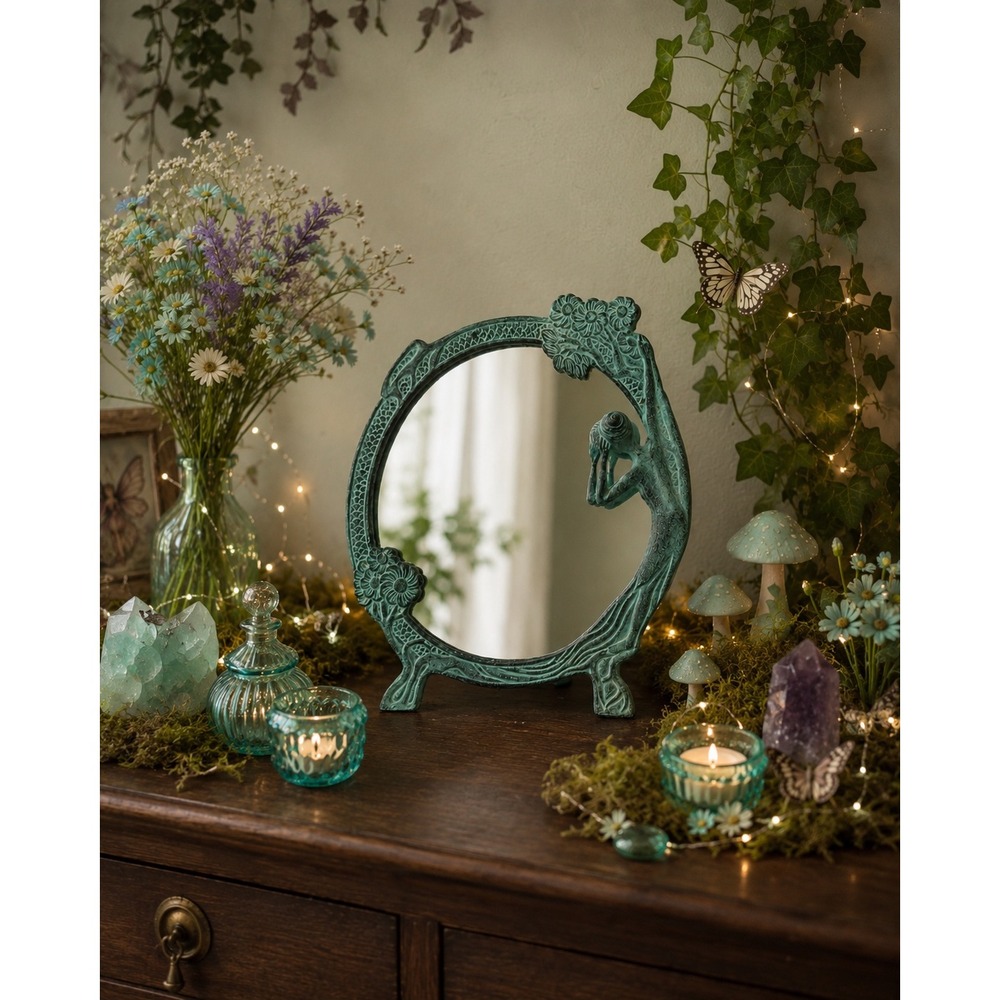 Vintage Art Nouveau Lady Tabletop Mirror Verdigris Metal Fairycore Mermaidcore